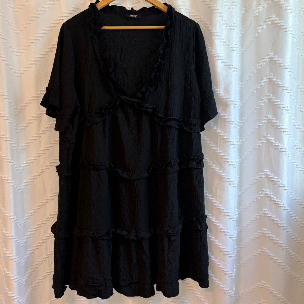 ODDI Black Tiered Ruffle Babydoll Dress Womens 2XL V-Neck Short Sleeve ID14282P